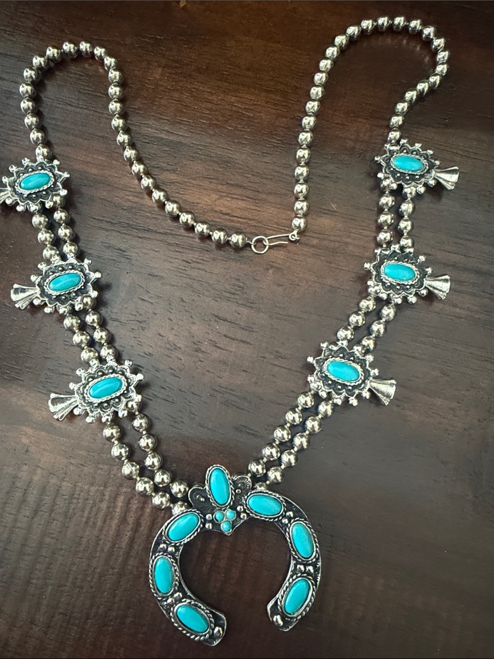 Turquoise colored Stone Squash Blossom Necklace - Silver Tone Women Jewelry - Picture 2 of 3